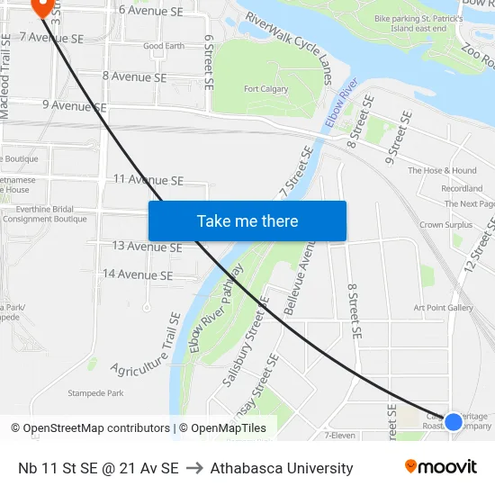 Nb 11 St SE @ 21 Av SE to Athabasca University map