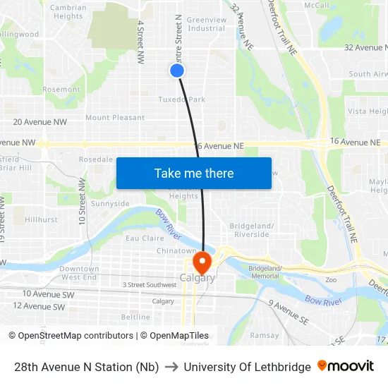 28th Avenue N Station (Nb) to University Of Lethbridge map