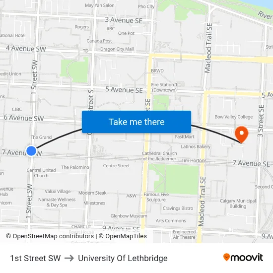 1st Street SW to University Of Lethbridge map