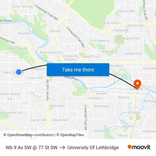 Wb 9 Av SW @ 77 St SW to University Of Lethbridge map