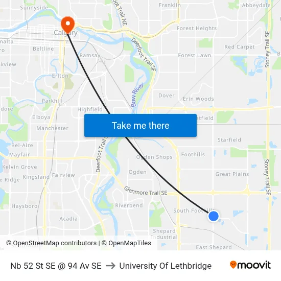 Nb 52 St SE @ 94 Av SE to University Of Lethbridge map