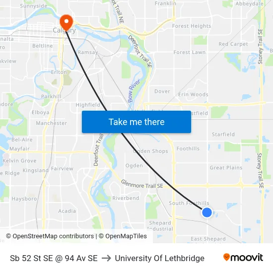 Sb 52 St SE @ 94 Av SE to University Of Lethbridge map
