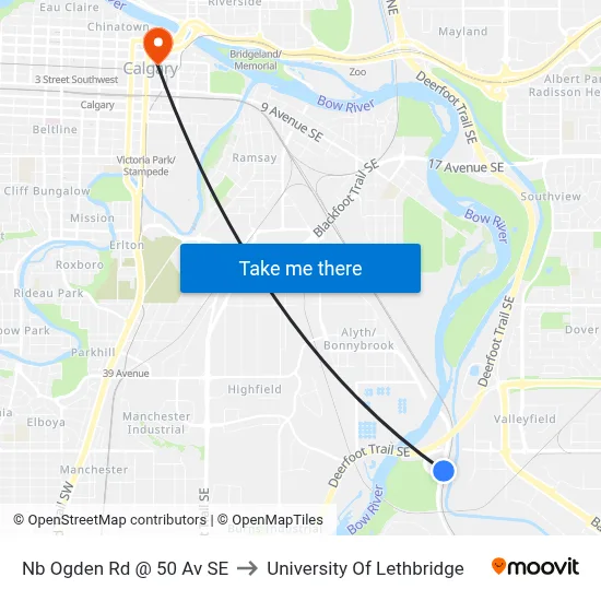 Nb Ogden Rd @ 50 Av SE to University Of Lethbridge map