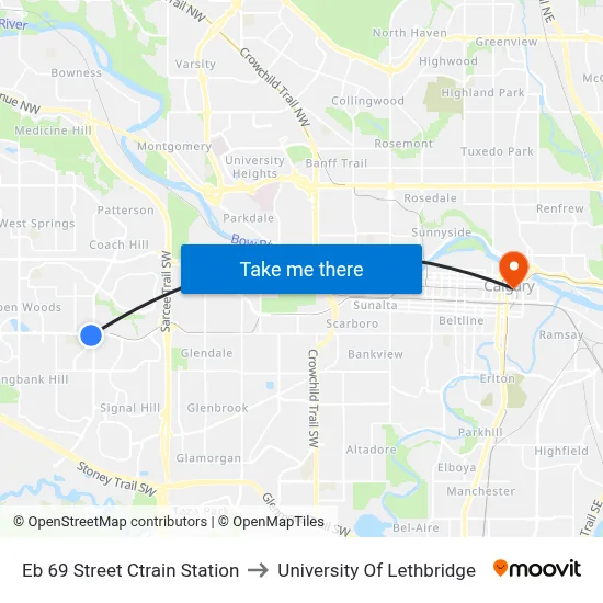Eb 69 Street Ctrain Station to University Of Lethbridge map