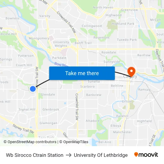 Wb Sirocco Ctrain Station to University Of Lethbridge map