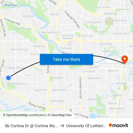 Sb Cortina Dr @ Cortina Wy SW to University Of Lethbridge map