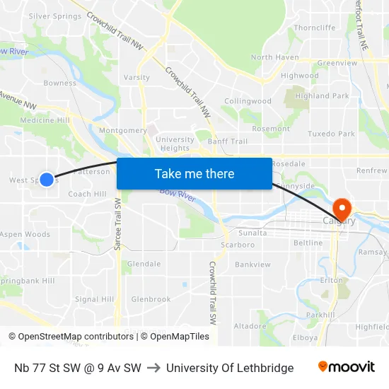 Nb 77 St SW @ 9 Av SW to University Of Lethbridge map