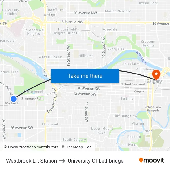 Westbrook Lrt Station to University Of Lethbridge map