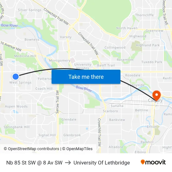 Nb 85 St SW @ 8 Av SW to University Of Lethbridge map