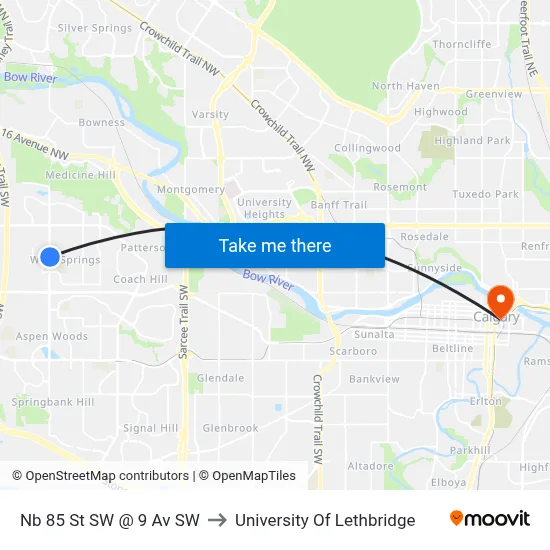 Nb 85 St SW @ 9 Av SW to University Of Lethbridge map