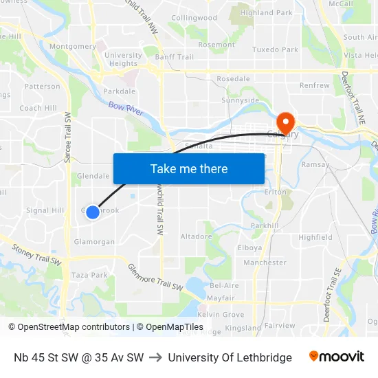 Nb 45 St SW @ 35 Av SW to University Of Lethbridge map