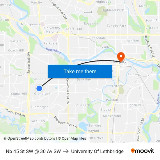 Nb 45 St SW @ 30 Av SW to University Of Lethbridge map