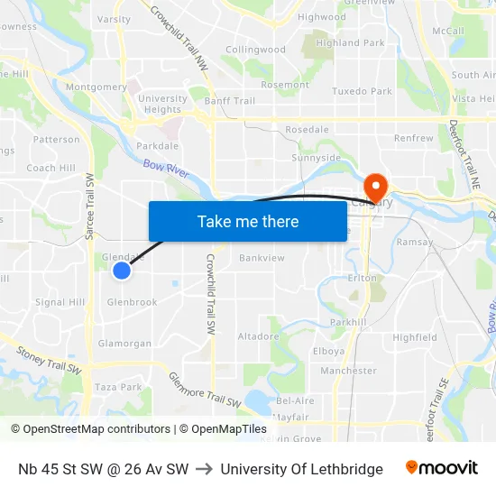 Nb 45 St SW @ 26 Av SW to University Of Lethbridge map