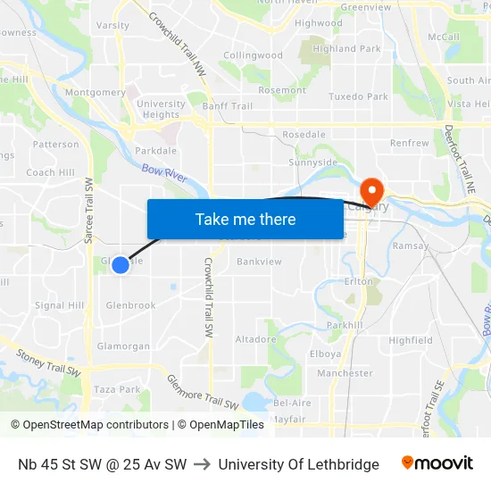Nb 45 St SW @ 25 Av SW to University Of Lethbridge map