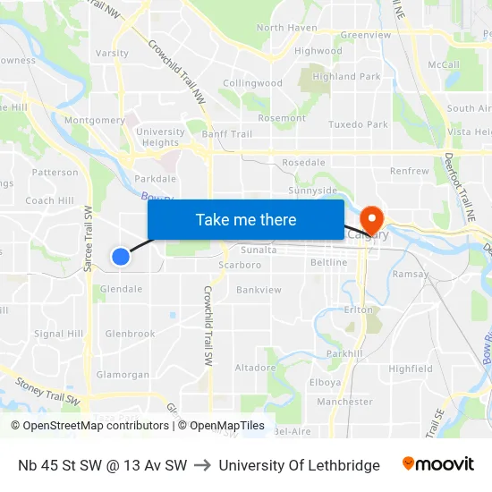 Nb 45 St SW @ 13 Av SW to University Of Lethbridge map