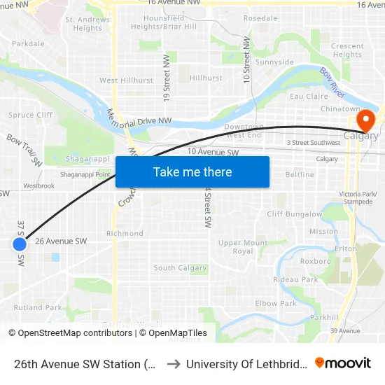 26th Avenue SW Station (Sb) to University Of Lethbridge map
