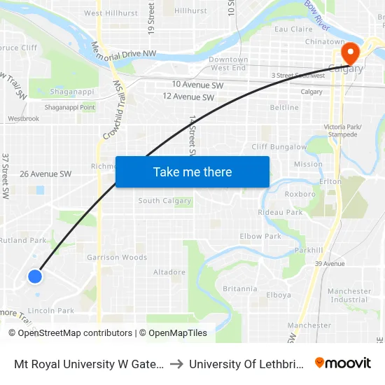 Mt Royal University W Gate Eb to University Of Lethbridge map