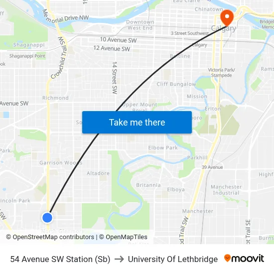 54 Avenue SW Station (Sb) to University Of Lethbridge map