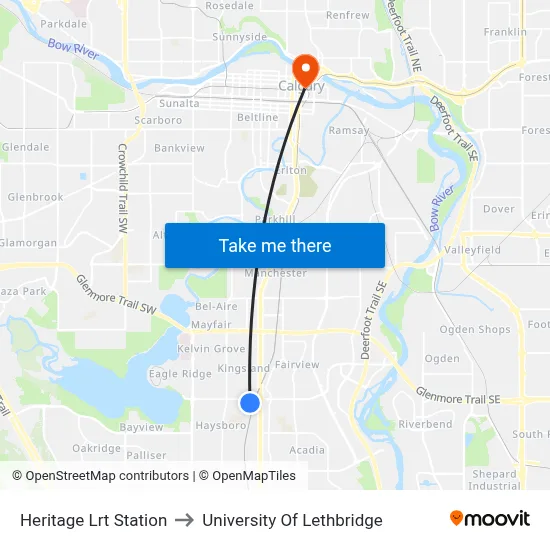 Heritage Lrt Station to University Of Lethbridge map