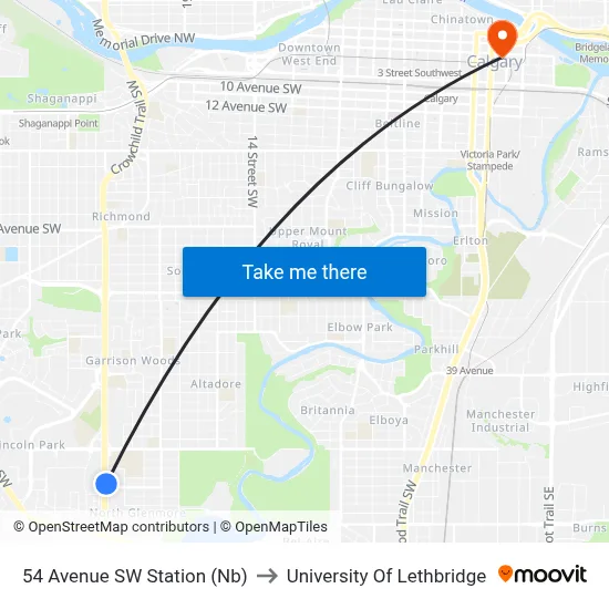 54 Avenue SW Station (Nb) to University Of Lethbridge map