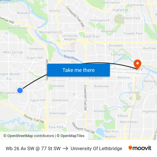 Wb 26 Av SW @ 77 St SW to University Of Lethbridge map