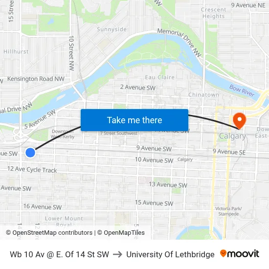 Wb 10 Av @ E. Of 14 St SW to University Of Lethbridge map