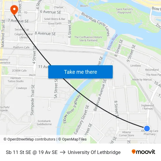 Sb 11 St SE @ 19 Av SE to University Of Lethbridge map