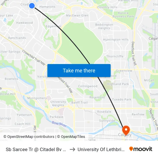 Sb Sarcee Tr @ Citadel Bv NW to University Of Lethbridge map