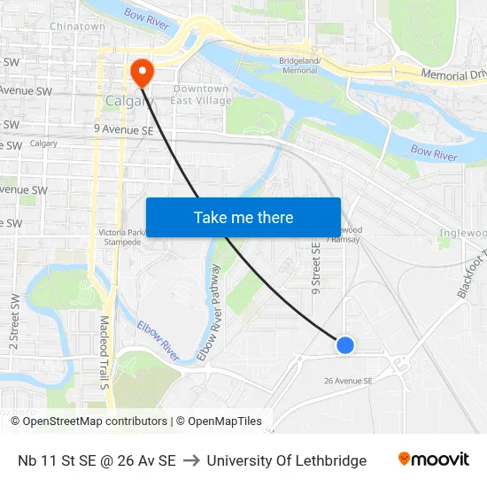 Nb 11 St SE @ 26 Av SE to University Of Lethbridge map