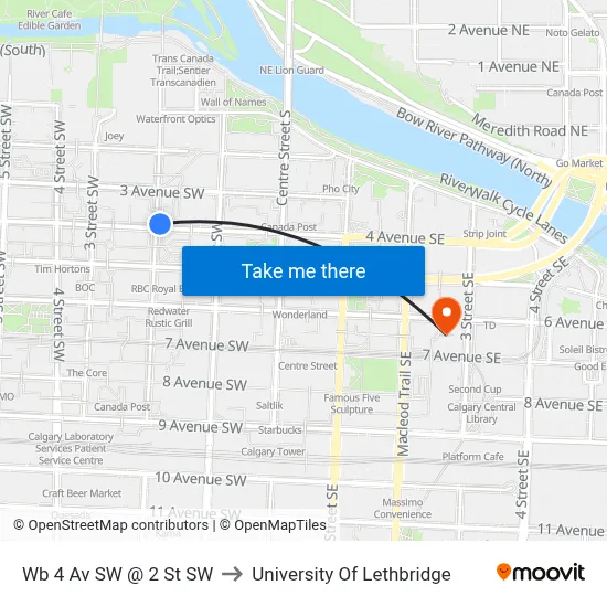Wb 4 Av SW @ 2 St SW to University Of Lethbridge map