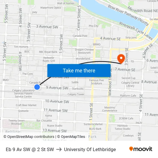 Eb 9 Av SW @ 2 St SW to University Of Lethbridge map