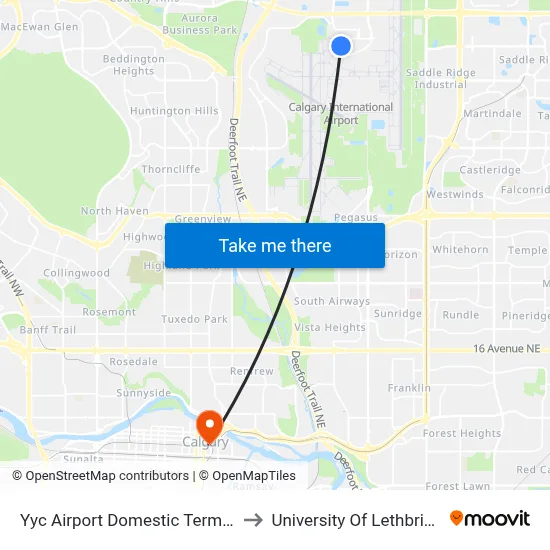 Yyc Airport Domestic Terminal to University Of Lethbridge map