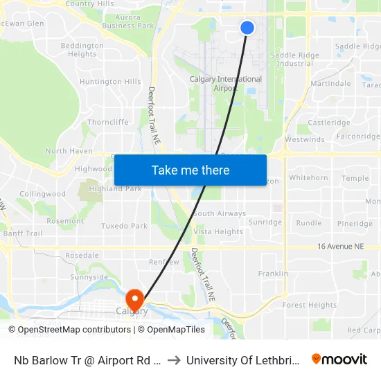 Nb Barlow Tr @ Airport Rd NE to University Of Lethbridge map