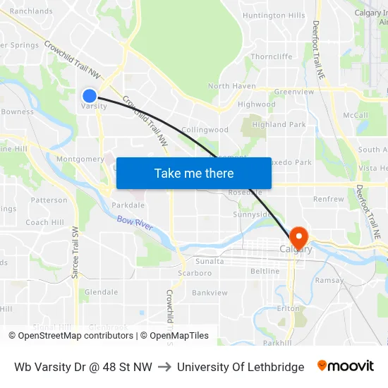Wb Varsity Dr @ 48 St NW to University Of Lethbridge map