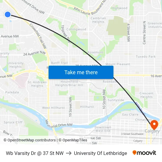 Wb Varsity Dr @ 37 St NW to University Of Lethbridge map
