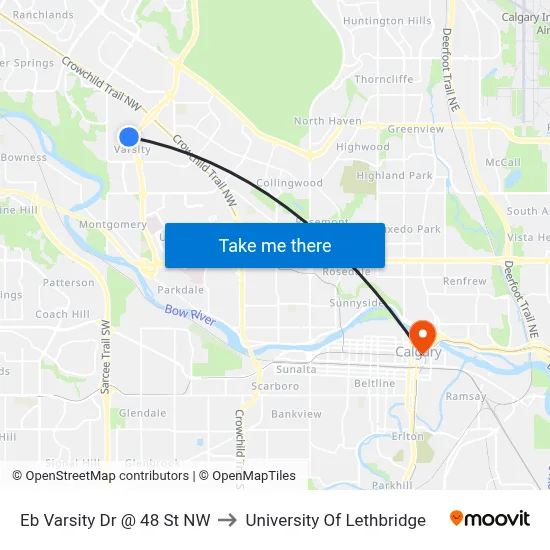 Eb Varsity Dr @ 48 St NW to University Of Lethbridge map