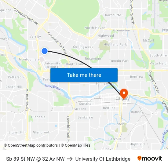Sb 39 St NW @ 32 Av NW to University Of Lethbridge map