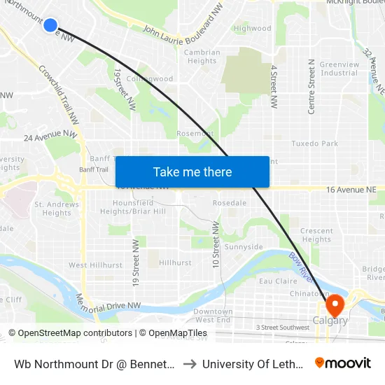 Wb Northmount Dr @ Bennett Cr NW to University Of Lethbridge map