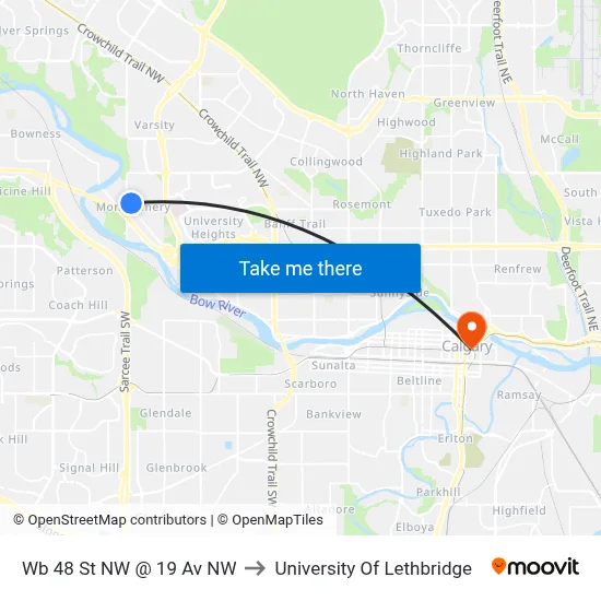 Wb 48 St NW @ 19 Av NW to University Of Lethbridge map