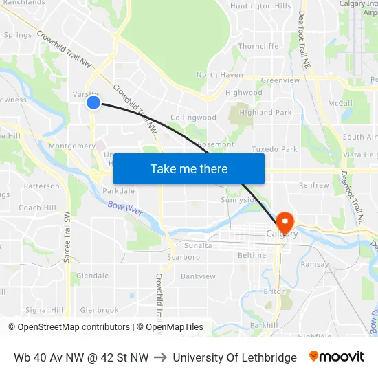 Wb 40 Av NW @ 42 St NW to University Of Lethbridge map