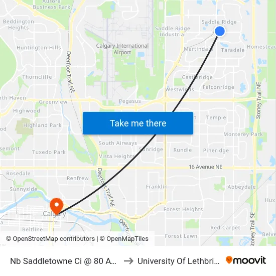 Nb Saddletowne Ci @ 80 Av NE to University Of Lethbridge map