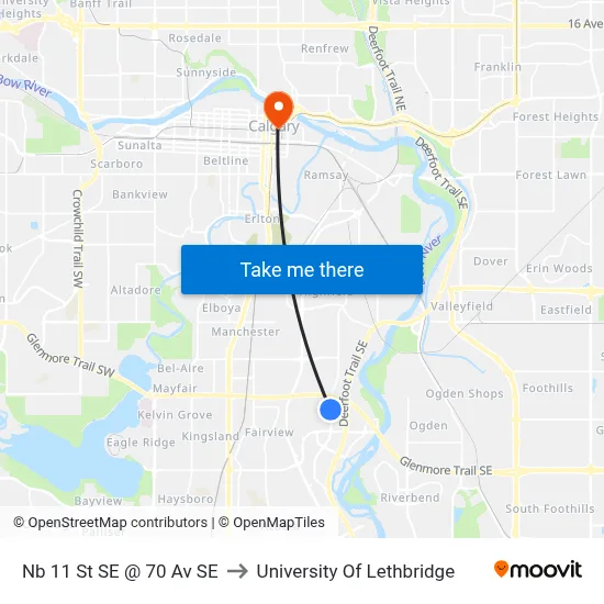 Nb 11 St SE @ 70 Av SE to University Of Lethbridge map