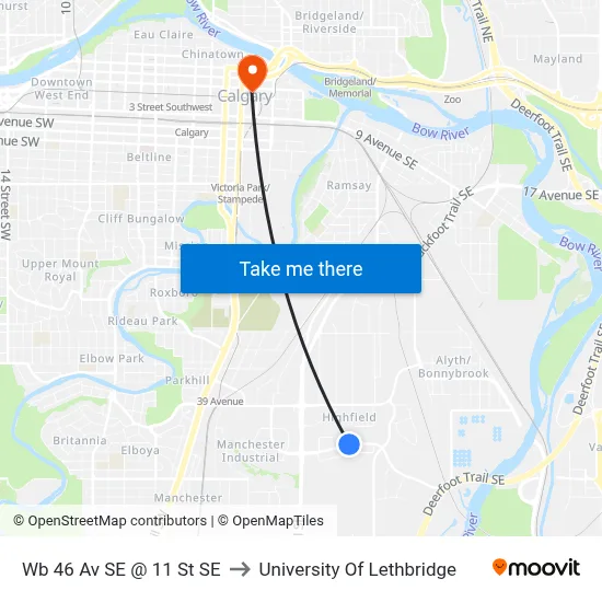 Wb 46 Av SE @ 11 St SE to University Of Lethbridge map