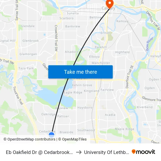 Eb Oakfield Dr @ Cedarbrook Ba SW to University Of Lethbridge map