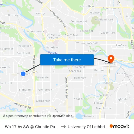 Wb 17 Av SW @ Christie Park Ga to University Of Lethbridge map