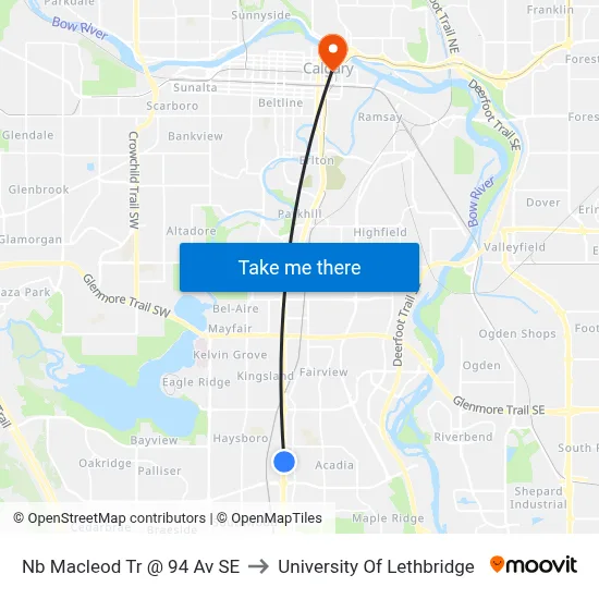 Nb Macleod Tr @ 94 Av SE to University Of Lethbridge map