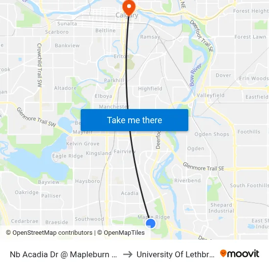 Nb Acadia Dr @ Mapleburn Dr SE to University Of Lethbridge map
