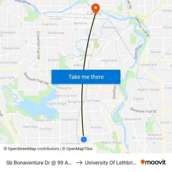 Sb Bonaventure Dr @ 99 Av SE to University Of Lethbridge map