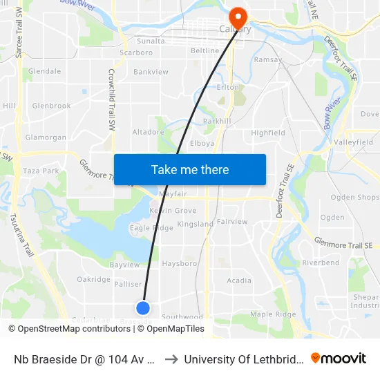 Nb Braeside Dr @ 104 Av SW to University Of Lethbridge map