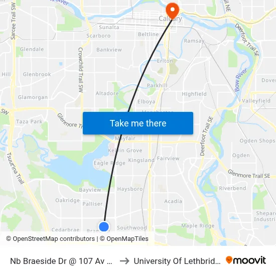 Nb Braeside Dr @ 107 Av SW to University Of Lethbridge map